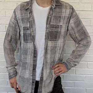 Distressed, gray, plaid button-down shirt